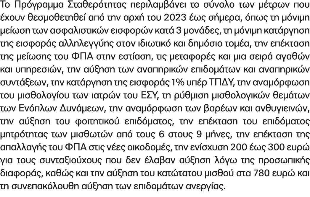 Το Πρόγραμμα Σταθερότητας περιλαμβάνει το σύνολο των μέτρων που έχουν θεσμοθετηθεί από την αρχή του 2023 έως σήμερα, ...