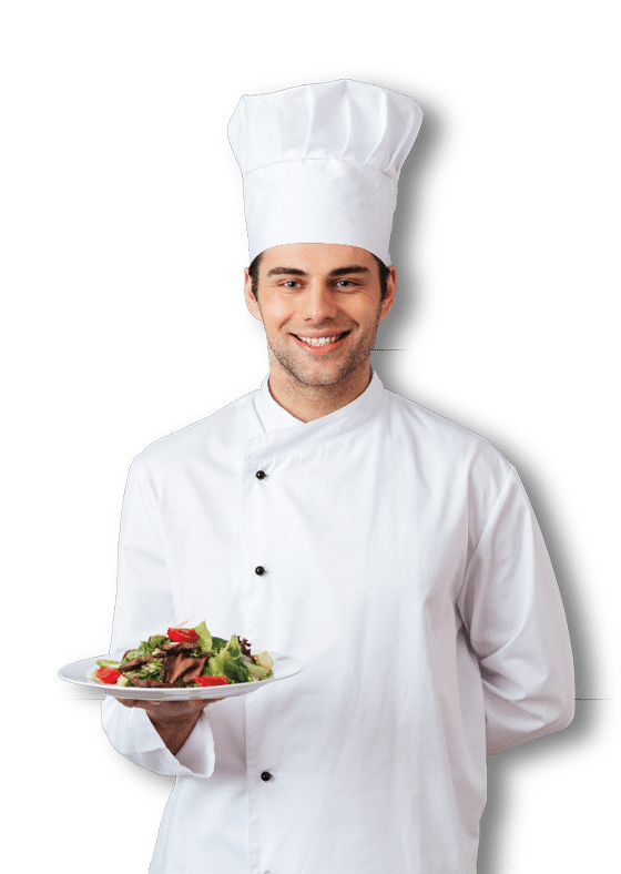 Picture of happy young cook in uniform standing isolated over grey wall background  Looking camera holding salad 